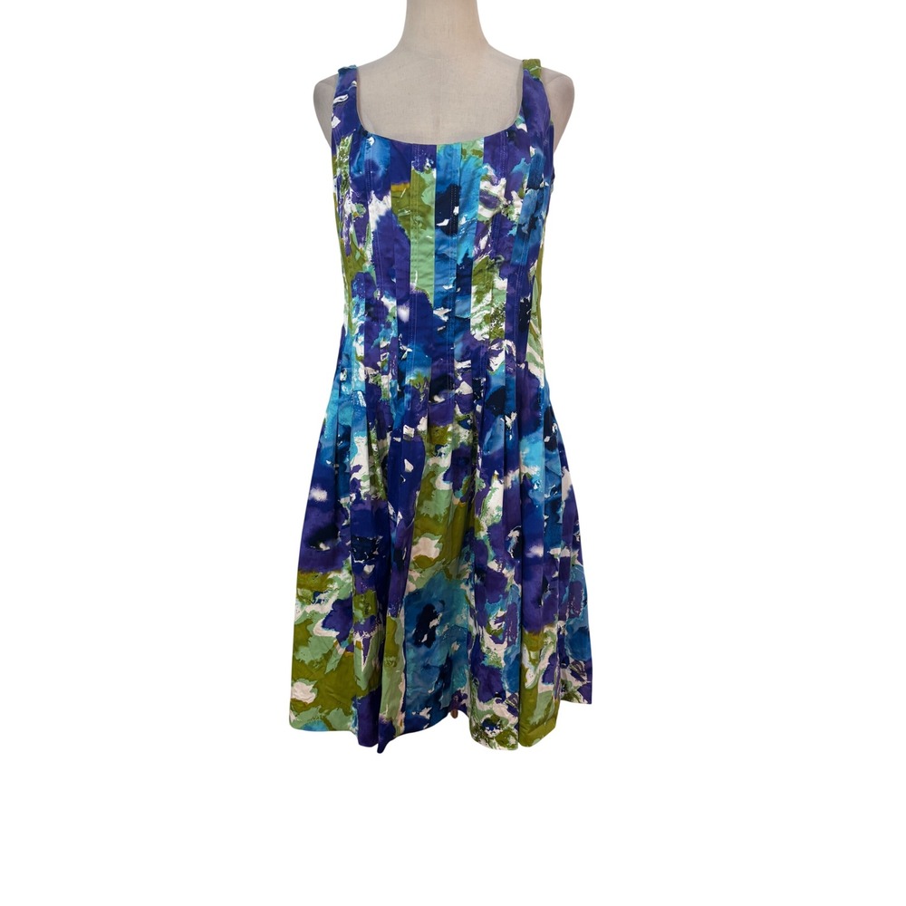 Lauren Ralph Lauren Dress 10 Blue Abstract Floral Pintuck cotton preppy chic